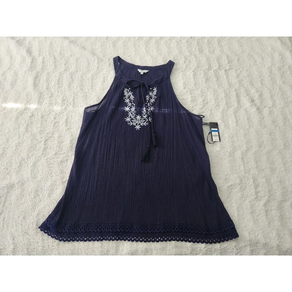 Crown & Ivy Women's Navy Blue Embroidered Halter Top XL Sleeveless Tassel...